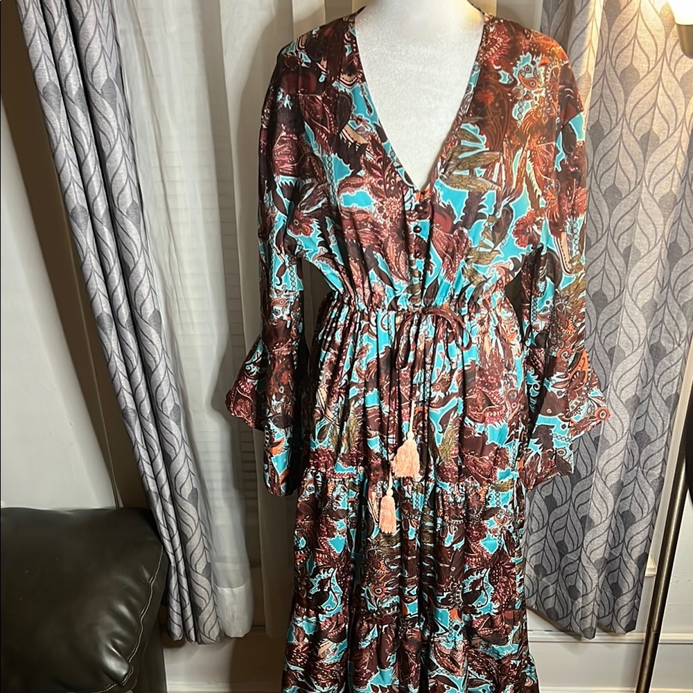 Elegant Long Sleeve Maxi Dress - Turquoise and Brown